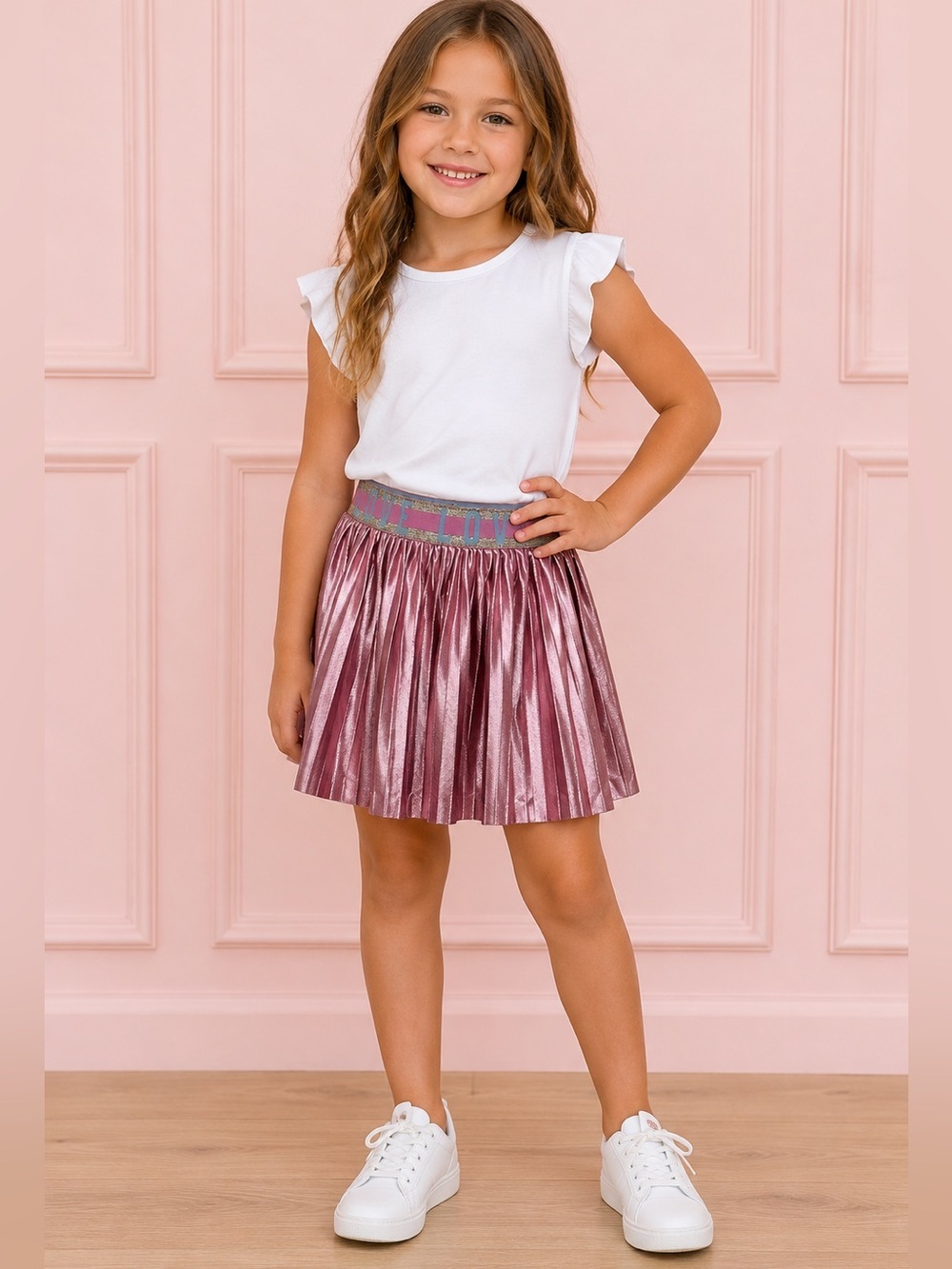 Metallic Pink Pleated Skirt with 'LOVE' Waistband from 365 Kids. Size 7. EUC